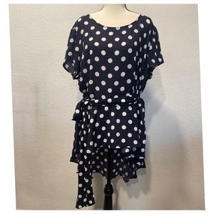 New York & Co. XL navy blue white polka dot tie waist blouse